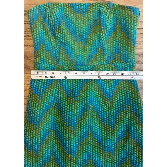 Beth Bowley Strapless Dress Blue Green Geometric Size 6 Retro 60s Style Chic - Picture 10 of 11
